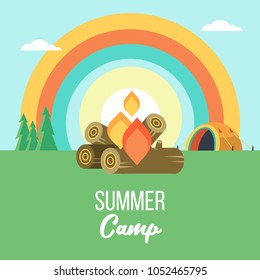 Camping. Vector illustration. Summer holidays in a tent on the nature.