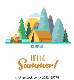 Camping. Vector illustration. Summer holidays in a tent on the nature.