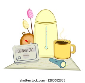 Camping vector illustration with thermos, hot mug, marshmallow, flashlight, compass, canned food and map. Element for hiking label, flyers, posters
