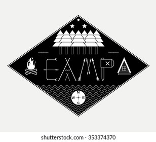 Camping vector illustration in thin line style. Icon hiking adventure in flat design. Represents place forest trail, trekking, place of rest, stopping place and other outdoor activities.
