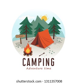 Camping vector illustration with trees, tent and campfire. Isolated on white background