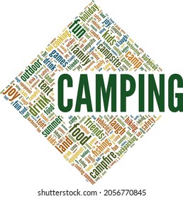 Camping vector illustration word cloud isolated on white background.