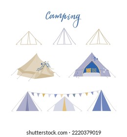 Camping vector illustrations. Boho tent, line tipi for web about summer camp, nature rest.