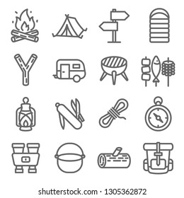 Camping Vector Line Icon Set. Contains such Icons as Caravan, Sleeping Bag, Tent, Binoculars, Backpack and more. Expanded Stroke