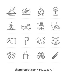 camping vector line icons, minimal pictogram design, editable stroke for any resolution