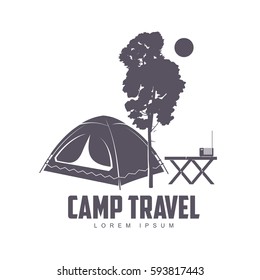 Camping vector logo template for your design. Tourist tent, forest, camp, trees, Camp badges, labels, banners, brochures, business templates. Vector illustration isolated on white background