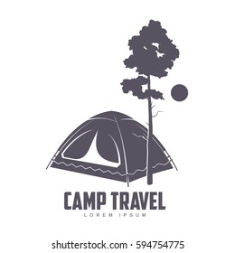 Camping vector logo template for your design. Tourist tent, forest, camp, trees, Camp badges, labels, banners, brochures, business templates. Vector illustration isolated on white background