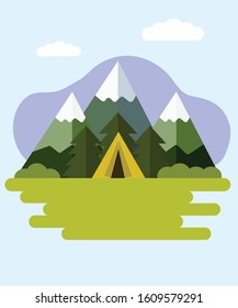 Camping Vector Mountain Blues Sky Hiking Illustration Field Trees Forest Outdoor Flat Adventure Travel 