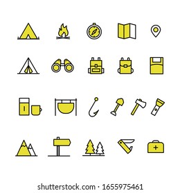 Camping vector outline icons. Hiking yellow elements set. Travelling outdoor icons collection.