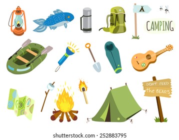 Camping vector set with bonfire, tourist tent, fishing boat, guitar etc.