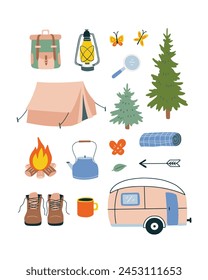 Camping vector set. Cute camping clipart on white background. Tent, camper, boots, trees, backpack