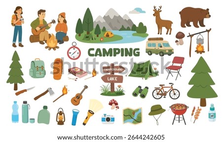 Camping vector set. Camping element with landscape, campsite, equipment, people. Flat vector in cartoon style isolated on white background.