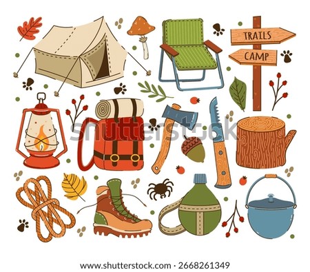 Camping vector set. Gear for hiking, tent, backpack, oil lantern, kettle, axe, rope. Signpost for camp, trails. Tree stump, acorn, leaves, berries. Wild travel, expedition. Hand drawn cartoon clipart