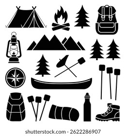 Camping Vector Silhouettes Set  Tent, Fire, Backpack, and Outdoor Icons