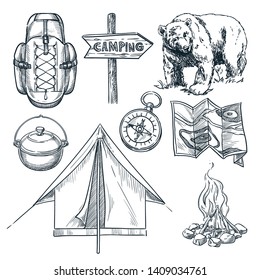 Camping vector sketch illustration. Camp stuff design elements isolated on white background.
