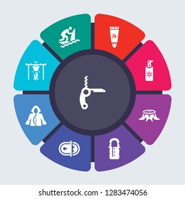 camping vector template for infographics. Business concept with 9 options, steps, parts, segments. Banner infographic cycling diagram, round chart, Swiss army knife, Surfing, Sun protection icons
