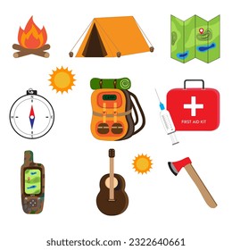 Camping Vector with Tent, Ax, Bonfire, Map, Compass, Backpack, GPS, First Aid Kit and Guitar.