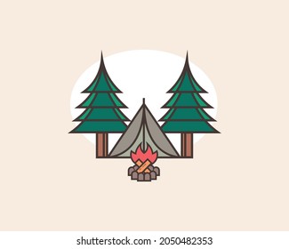 Camping vector , tent with campfire and trees . 
