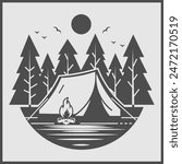 Camping Vector. Tent, Mountain, Pine tree, Bonfire, Moon, Stars in Forest. Summer Camping Silhouette.