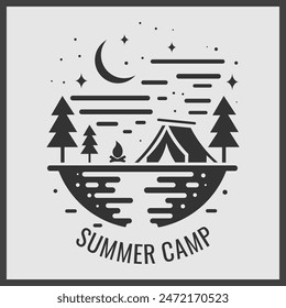 Camping Vector. Tent, Mountain, Pine tree, Bonfire, Moon, Stars in Forest. Summer Camping Silhouette.