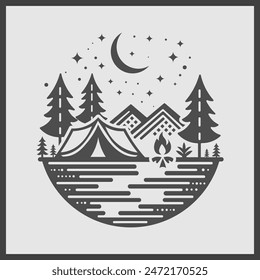 Vector de camping. Tienda, Montaña, Pino, Hoguera, Luna, Estrellas en el bosque. Silueta de acampada de verano.