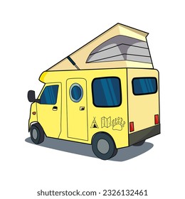Camping vehicles. Camper van, travel car. Summer holiday campervan, recreational vehicle.  Flat vector illustration