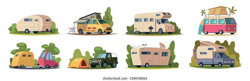 Camping vehicles. Outdoor travel cars for happy vacation time exact vector camping tourism adventure cartoon illustrations