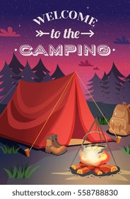 Camping vertical background poster with cartoon style composition shelter tent campfire at the set of sun vector illustration