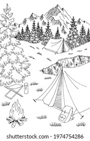 Camping vertical graphic black white mountain landscape sketch illustration vector