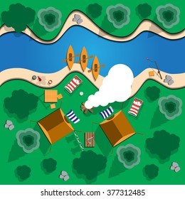 Camping.  View from above. Vector illustration. Applique with realistic shadows.