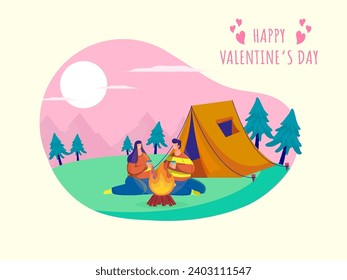 Camping View Hintergrund mit jugendlichen Doppel-Genuss-Drinks vor Bonfire für Happy Valentinstag Feier Konzept.