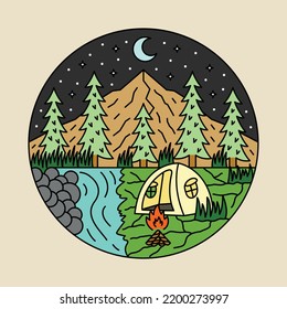 Camping con vistas a las montañas y la ilustración gráfica del río diseño de camisetas vectoriales