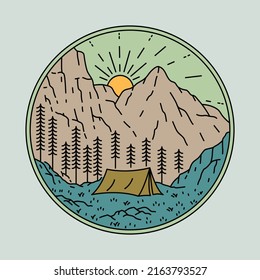 Camping with view of mountains and sunrise graphic illustration vector art t-shirt design