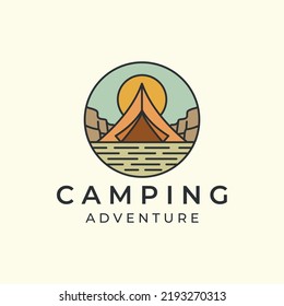 camping with vintage color logo vector illustration. tent, mountain adventure icon template design