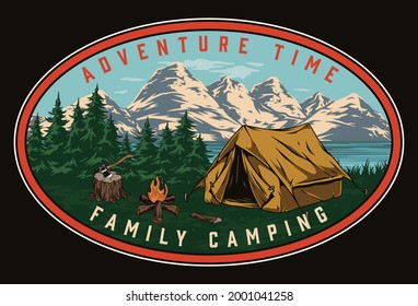 Camping vintage colorful label with tourist tent campfire ax on trees lake and mountains landscape isolated vector illustration