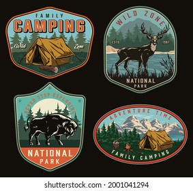 Camping vintage colorful labels with tent deer bison campfire ax and nature landscapes isolated vector illustration