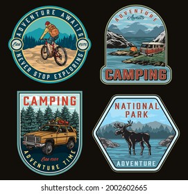 Camping vintage colorful logos with traveler riding bicycle moose travel car with tourist equipment on roof motorhome and tent on coast of lake isolated vector illustration