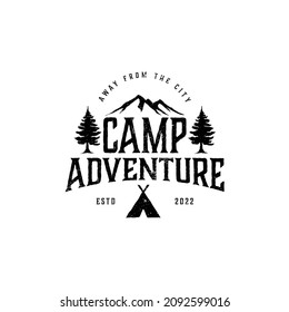 camping vintage emblem. logotype template with forest, bear, trees, mountain. outdoor activity symbol with ink stamp texture