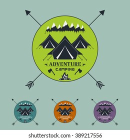 camping vintage emblem.logotype template with forest, pines, trees, tent. outdoor activity symbol Vector illustration