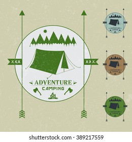 camping vintage emblem.logotype template with forest, pines, trees, tent. outdoor activity symbol Vector illustration