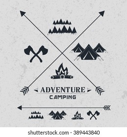 camping vintage emblem.logotype template with forest, pines, trees, tent. outdoor activity symbol Vector illustration