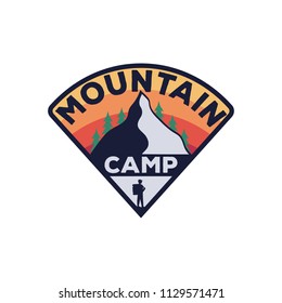 Camping vintage emblem.Monochrome logo of the mountain, forest and traveler