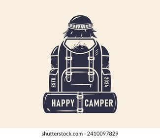 Camping vintage label, logo. Camper with Backpack, Camping emblem. Camping icons. Greeting card, flyer, poster, tag design. Print for T-shirt. Vector illustration.