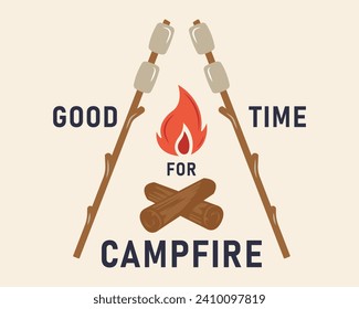 Camping vintage label, logo. Campfire, Camping emblem. Camping icons. Greeting card, flyer, poster, tag design. Print for T-shirt. Vector illustration.