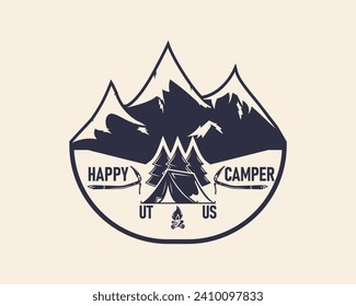 Camping vintage label, logo. Happy Camper, Camping emblem. Camping icons. Greeting card, flyer, poster, tag design. Print for T-shirt. Vector illustration.