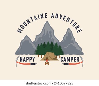 Camping vintage label, logo. Mountaine Adventure, Camping emblem. Camping icons. Greeting card, flyer, poster, tag design. Print for T-shirt. Vector illustration.