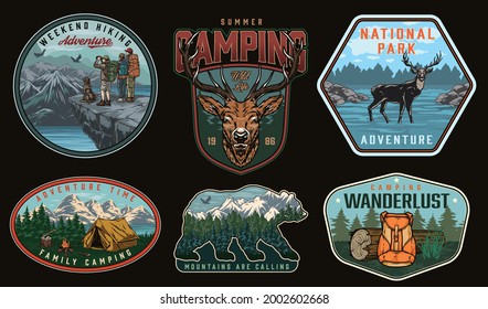 Camping vintage labels with deer backpack wooden log tent bonfire family couple dog man standing on cliff and looking at mountains nature landscape inside bear silhouette isolated vector illustration