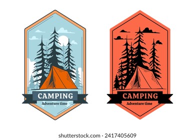 Camping vintage labels, vector logo with landscape elements