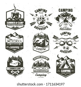 Camping vintage logo, badge, emblem set, vector monochrome illustration. Camping time, summer camp, extreme outdoor adventure black labels isolated on white background.