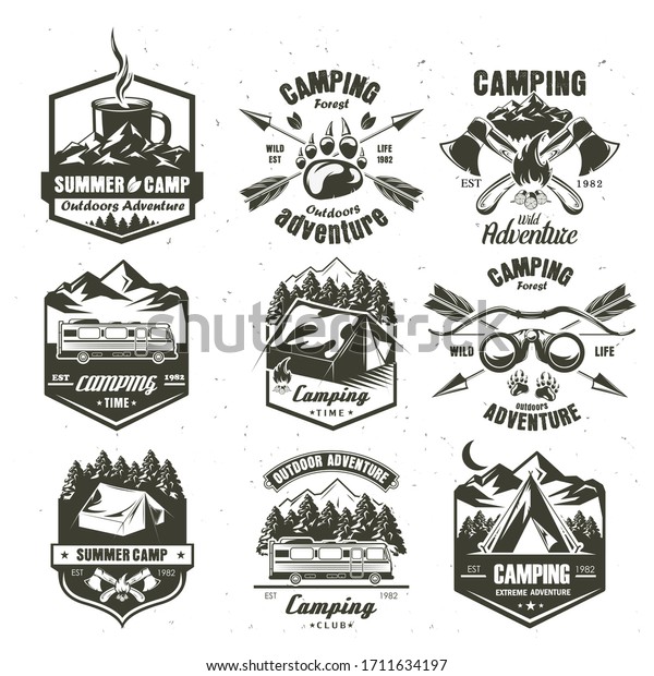 Camping vintage logo,\
badge, emblem set, vector monochrome illustration. Camping time,\
summer camp, extreme outdoor adventure black labels isolated on\
white background.